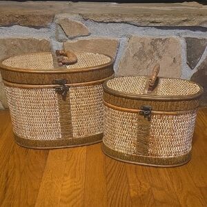 Vintage Oval Woven Rattan Trunk Style Boxes With Metal Latch/Boho Storage Basket
